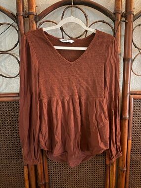 Sonoma Rust Brown V-Neck Smocked Bodice Long-Sleeve Blouse